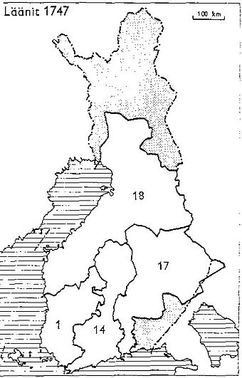 Provinces of Finland 1747: 1: Turku and Pori, 14: Nyland and Tavastehus, 17: Savolax and Kymmenegård, 18: Ostrobothnia