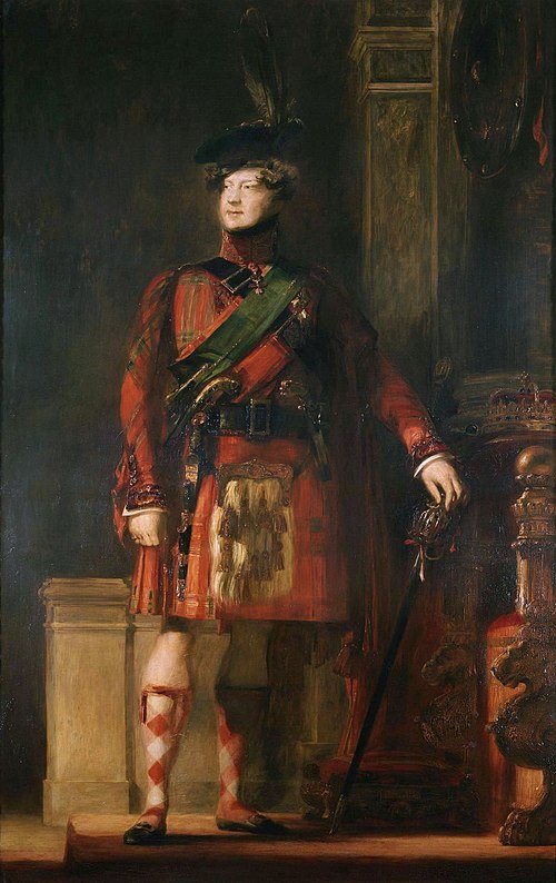 David Wilkie's 1829 flattering portrait of the kilted King George IV, with lighting chosen to tone down the brightness of his kilt and his knees shown