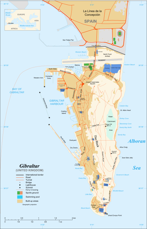 Map of Gibraltar with Marina Bay labelled "Marina" (between the North Mole and runway) Gibraltar map-en-edit2.svg