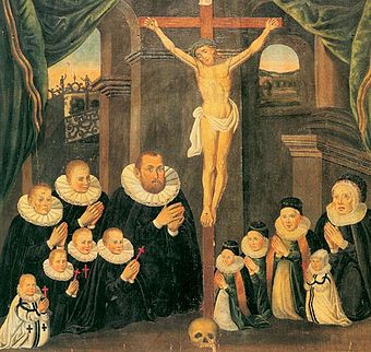 A prosperous glassmaker and his family, 1596.  The five children holding crosses had died; the two in black-trimmed white garments apparently before the painting was done, on the others the crosses were probably added later.[32]