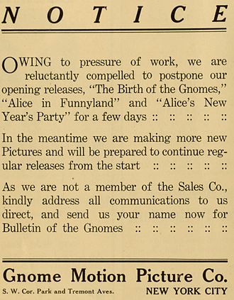 Gnome Motion Picture Company announcing the delay of the releases in January 1911. The works were not released. Gnome Motion Picture Company delay.jpg