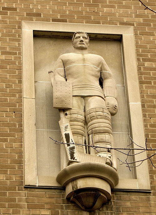 Elizabeth Wyn Wood's high relief of goaltender Turk Broda at Toronto Metropolitan University.