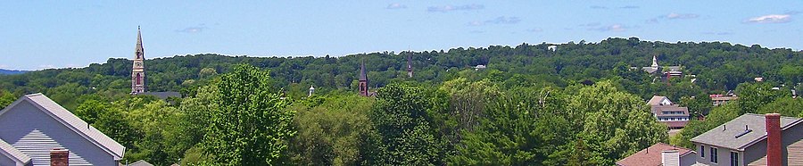 panoramo, de maldekstre: la presbiteriana kirko, malgranda blanka turo de la juĝejo de 1841, metodista (malhelruĝe brika) kaj katolika kirkoj, kaj dekstre blanke la loka mezlernejo
