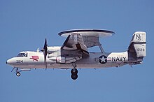 A VAW-110 E-2C in 1989. Grumman E-2C Hawkeye of VAW-110 approaching NAS Miramar on 8 November 1989 (AN1517362).jpg