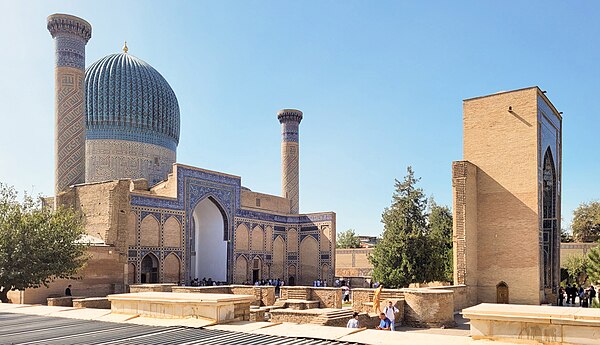 Geometric courtyard surrounding the tomb showing the gate, Iwan, and dome.