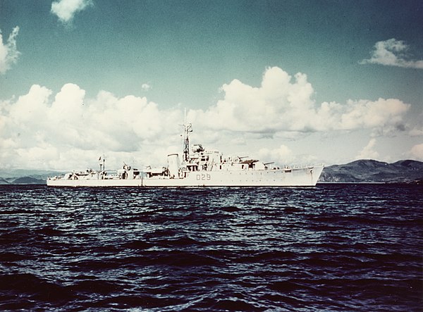 A PNS destroyer, Shah Jahan, shown here in the service of the British Royal Navy when it was known as HMS Charity, was badly damaged by Styx missiles fired by INS Nipat on 4 December 1971