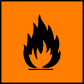 A square orange sticker with a flame picture.