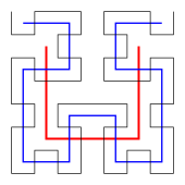 The first three steps of construction of the Hilbert curve, a space-filling curve that by Netto's theorem has many self-intersections Hilbert curve 3.svg