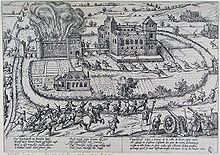 A fortified country home, surrounded by gardens and moats. Armed men have swarmed over the bridges and through the gates, and cannons fire on the walls; one of the buildings is on fire and other portions are damaged.