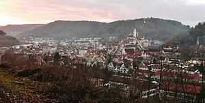 Panorama der im Tal gelegenen Kernstadt aus Richtung Nordstetten