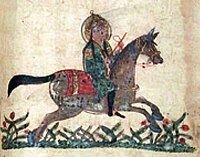 Rider wearing Turkic sharbūsh. 1209 CE, Baghdad. Egyptian National Library and Archives, (Khalil Agha F8).[13]