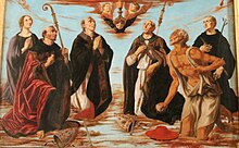 Detail with the saints Incoronazione di Maria e i Ss. Nicola da Bari, Agostino, Gimignano, Niccolo da Tolentino e Girolamo di Piero Pollaiolo, 1483 (cropped) (cropped).jpg