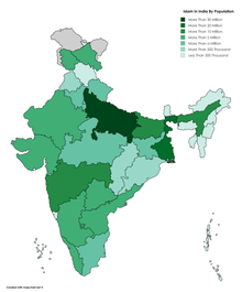 Map of India showing the number of Muslims in each state according to the 2011 Indian census
