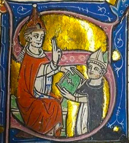 14th-century illustration of Gui receiving a blessing from Pope John XXII