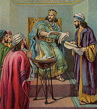 Jehoiakim burns Jeremiah's scroll; as in the Book of Jeremiah 36:21-32 (illustration from a Bible card published in 1904 by the Providence Lithograph Company) Jehoiakim Burns the Word of God (Bible Card).jpg