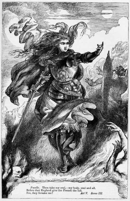 H. C. Selous's illustration of Joan's fiends abandoning her in Act 5, Scene 3; from The Plays of William Shakespeare: The Historical Plays, edited by 