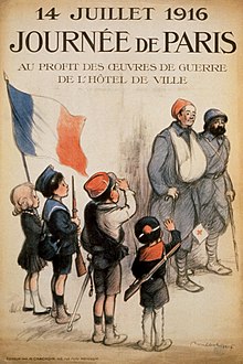 A poster from an event to raise funds for captured and wounded soldiers at the Hotel de Ville (1916) Journee de Paris. 14 Juillet 1916. Au profit des oeuvres de guerre de l'Hotel de Ville.jpg