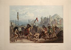 Buffalo Dance: "Bison-Dance of the Mandan Indians in front of their Medecine Lodge in Mih-Tutta-Hankush": aquatint by Karl Bodmer from the book "Maximilian, Prince of Wied's Travels in the Interior of North America, during the years 1832-1834" Karl Bodmer Travels in America (51).jpg