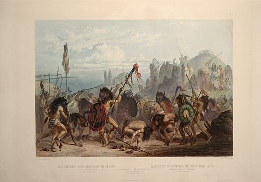 "Bison-Dance of the Mandan Natives in front of their Medecine Lodge in Mih-Tutta-Hankush": aquatint by Karl Bodmer from the book Maximilian, Prince of Wied's Travels in the Interior of North America, during the years 1832-1834 Karl Bodmer Travels in America (51).jpg
