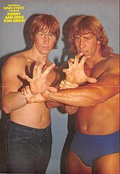 Von Erich family members Mike and Kerry were mainstays in World Class Championship Wrestling Kerry and Mike von Erich, 1984.jpg