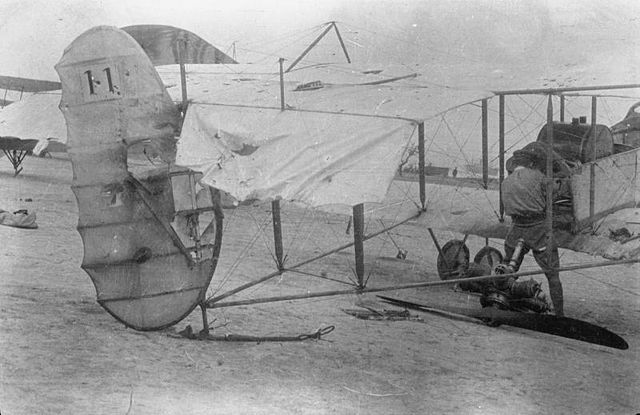 Damage from enemy anti-aircraft fire sustained by a Farman of No. 3 Squadron RNAS, flown by Reginald Marix with Lt. Knatchbull as observer, June 1915.