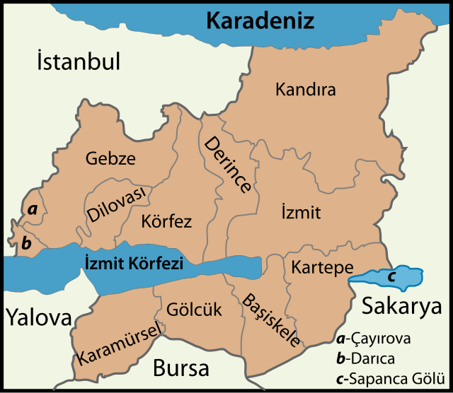 Mapa dos distritos da província de Cocaeli