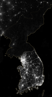 The Korean Peninsula at night, shown in a 2012 composite photograph from NASA Korean Peninsula at night - 2012 - NASA.png