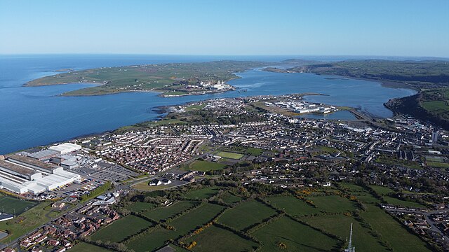 2020 view looking south-east towards Larne Harbour, Islandmagee, and down the length of Larne Lough