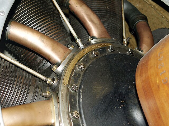 Close-up view of a Le Rhône 9C showing the valve operating rods, front-side induction manifold (contrast with the Le Rhône 9J's rear mounted design) a
