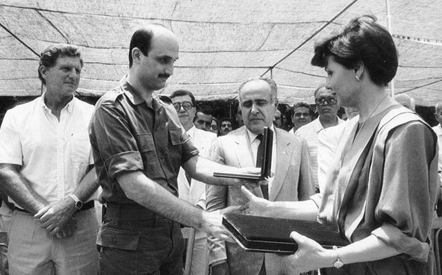 LF Supreme Commander Samir Geagea (center) with Dany Chamoun of the NLP (left) and Leila Hawi (right), east Beirut, late 1980s.