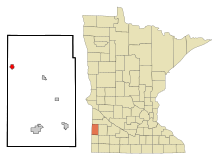 Obszary inkorporowane i nieposiadające osobowości prawnej w hrabstwie Lincoln County Minnesota Hendricks Highlighted.svg