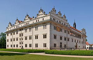 View of the castle, showing a richly decorated facade