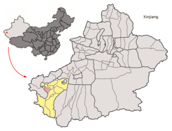 Location of Yengisar County (red) within Kashgar Prefecture (yellow) in Xinjiang