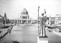 Daniel Chester French's original statue The Republic at the World's Columbian Exposition of 1893 in Chicago Looking West From Peristyle, Court of Honor and Grand Basin, 1893.jpg