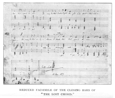 The closing bars, with Sullivan's signature and the date "13 Jan. 1877" Lost Chord closing bars from Arthur Sullivan by H. Saxe Wyndham, With a Chapter by Ernest Ford, London, George Bell and Sons, 1903.png