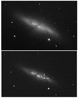 Сверху: изображение галактики M82 10 декабря 2013 года. Снизу: изображение 22 января 2014 года. Отмечено положение сверхновой SN 2014J