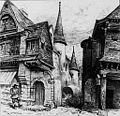 Vitré : maisons Faubourg Saint-Martin (lithographie d'Albert Robida, vers 1900).