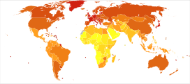 Malignant_neoplasms_world_map-Deaths_per_million_persons-WHO2012.svg Deaths from Malignant neoplasms in 2012 per million persons. Statistics from WHO, grouped by deciles   135-367   368-443   444-521   522-588   589-736   737-968   969-1,567   1,568-2,085   2,086-2,567   2,568-3,320 * The following groupings/assumptions were made: ** France includes the overseas departments as well as overseas collectivities. ** The United Kingdom includes the Crown dependencies as well as the overseas territories. ** The United States of America includes the insular areas. ** The Netherlands includes Aruba and the Netherlands Antilles. ** Denmark includes Greenland and the Faroe islands.