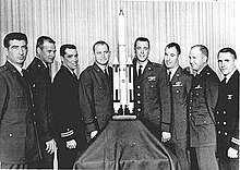 First MOL astronaut group. Left to right: Michael J. Adams, Albert H. Crews, John L. Finley, Richard E. Lawyer, Lachlan Macleay, Francis G. Neubeck, James M. Taylor, and Richard H. Truly. Manned Orbiting Laboratory Astronaut Group 1.jpg