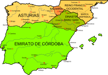 The Kingdom of Pamplona (Navarra, orange) c. 910 Map Iberian Peninsula 910-es.svg