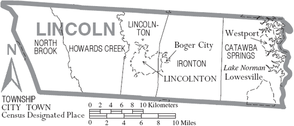 Map of Lincoln County, North Carolina With Municipal and Township Labels