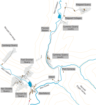 Map of the area north of Aberllefenni, showing Cymerau quarry Map of Ratgoed Tramway.svg