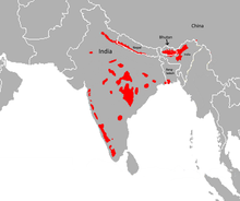 Reichweite des bengalischen Tigers in Rot