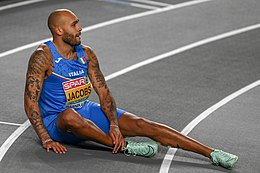 Jacobs after 60 m silver medal won at Istanbul 2023 indoor European championships. Marcell Jacobs after Istanbul 2023 silver medal.jpg