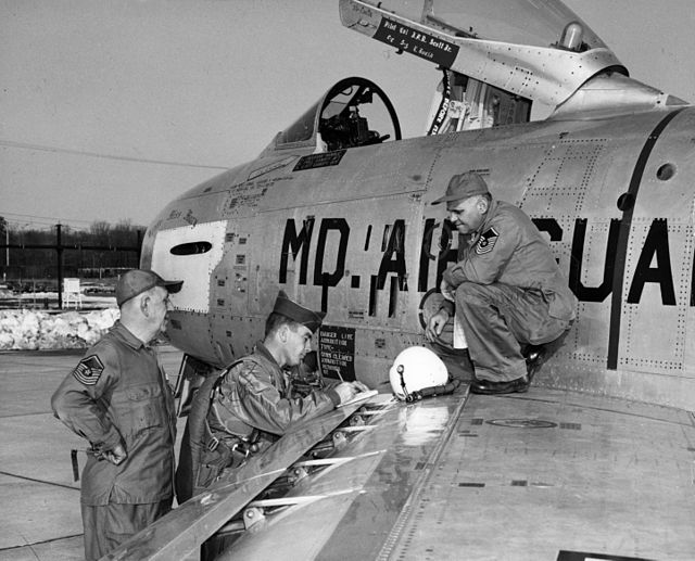 U.S. Air Force Col. John F.R. Scott, a pilot with the Maryland Air National Guard, prepares to board a North American F-86H-10-NH Sabre (s/n 53-1397) 
