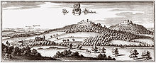 Kupferstich von Matthäus Merian mit Alte Gleichen (mittig) und Neue Gleichen (rechts); vor 1650