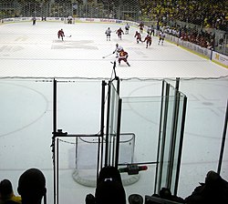 The Michigan Wolverines attempt an empty net goal against the Ferris State Bulldogs. Michigan attempts an empty net goal (cropped).JPG