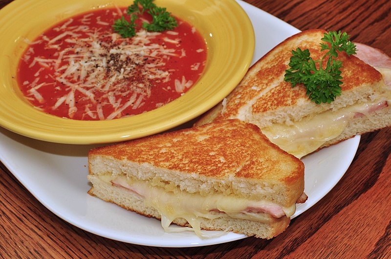 File:Mmm... grilled ham and Swiss with tomato soup (6897834667).jpg
