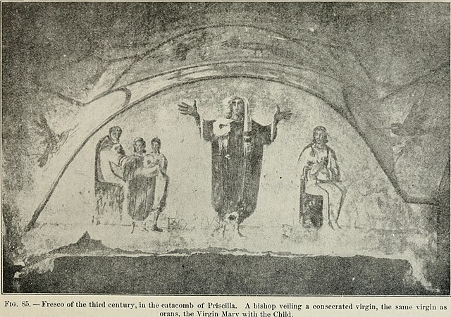 Fresco showing a woman wearing a headcovering praying in the gesture of orans (3rd century)