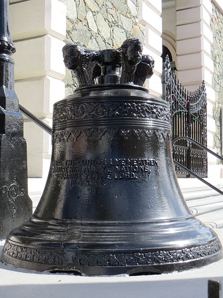 First verse of Psalm 117 on Moravian Church bell, Charlotte Amalie, St. Thomas USVI